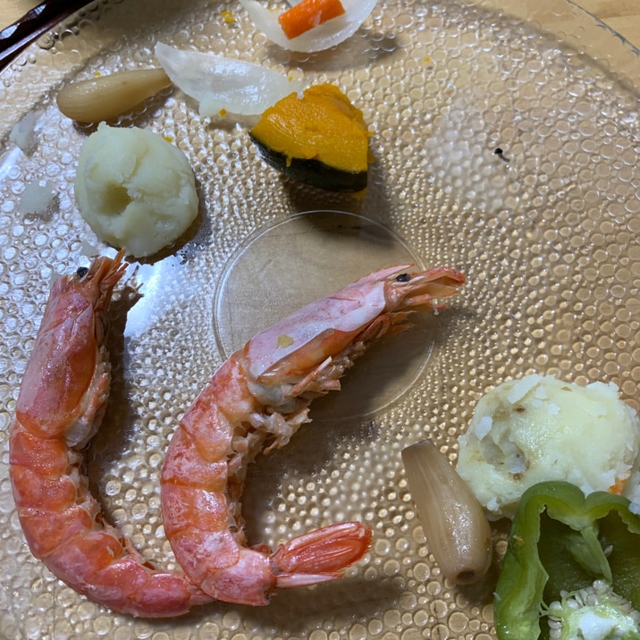 海老、ジャガイモ、カボチャのポン酢かけ